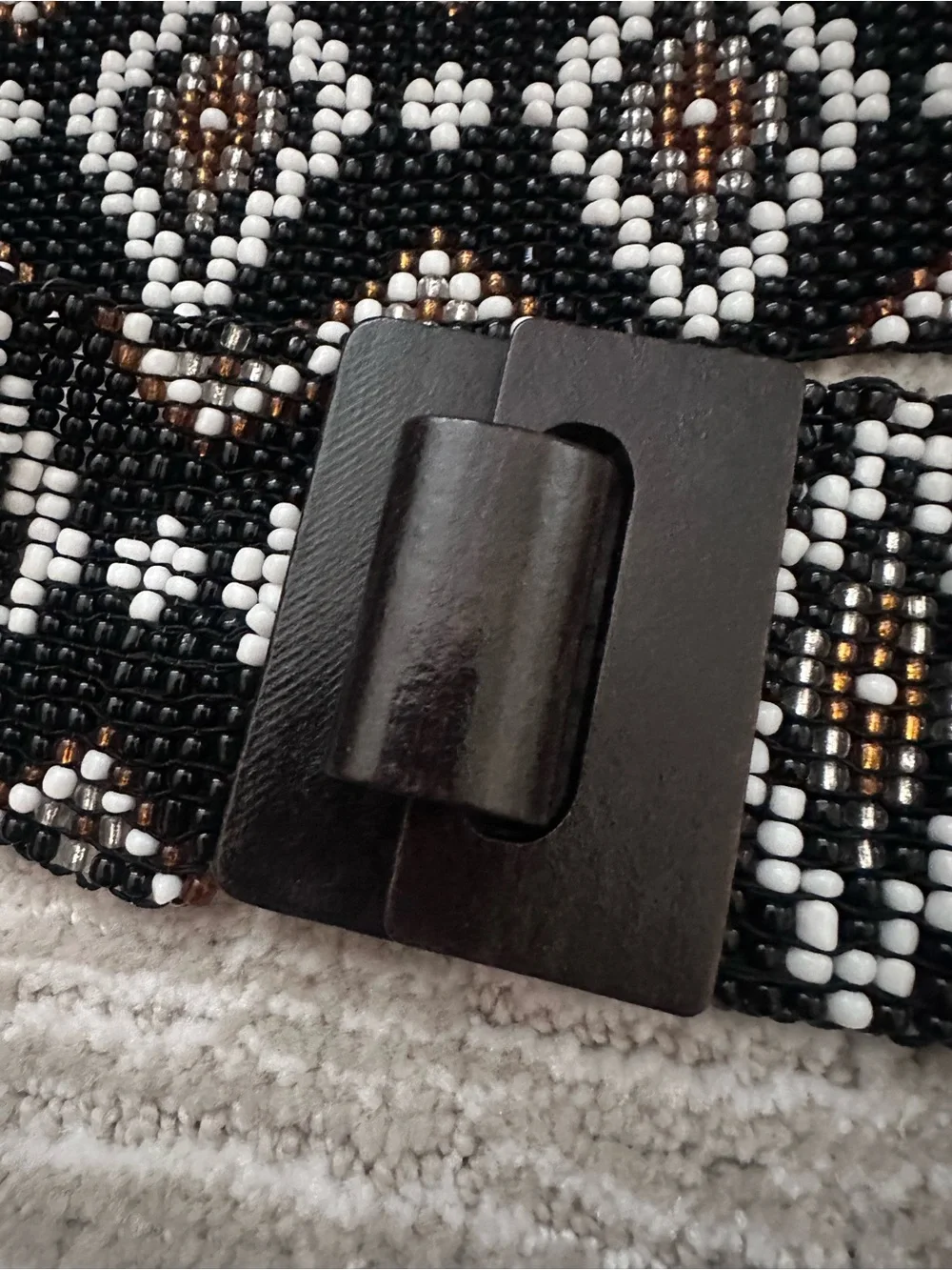 Express Black Beaded Belt with White and Brown Diamond Pattern